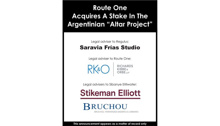 Route One acquires a stake in the Argentinian "Altar Project"