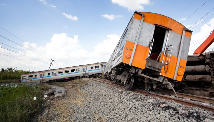 A derailed passenger train