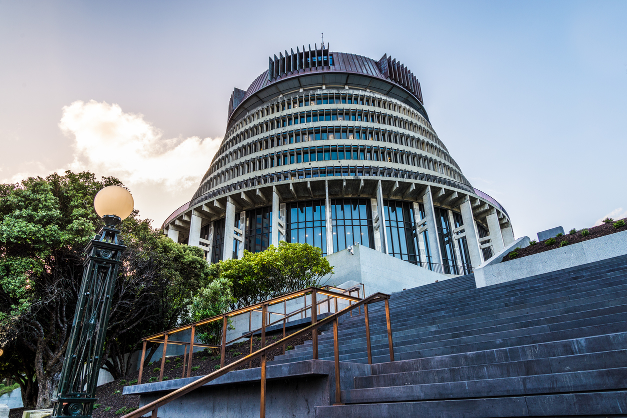 The Beehive Parliament Building in Wellington, New Zealand