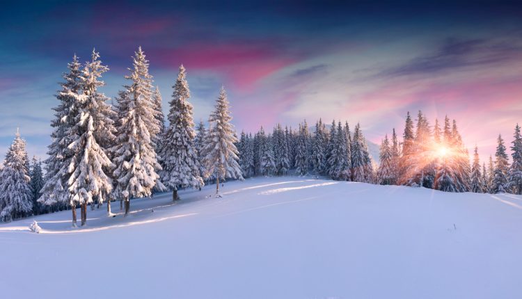Panorama of the winter sunrise in mountains