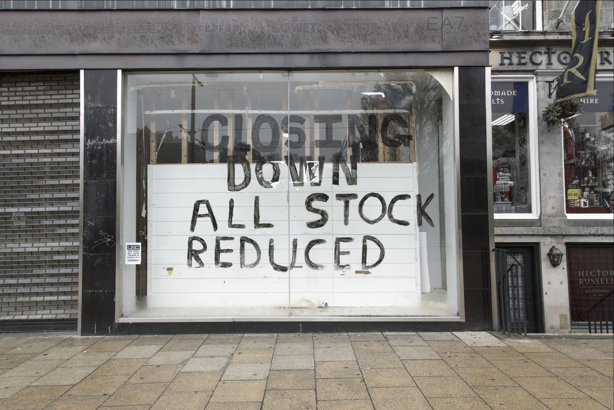 Edinburgh, UK: May 29, 2016: A shop is closing down on a High Street. Many traders are going out of business because of the turn down in the economy.