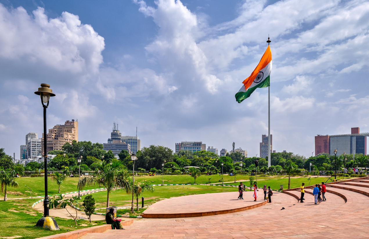 Central Park at Connaught Place in New Delhi with flag of India