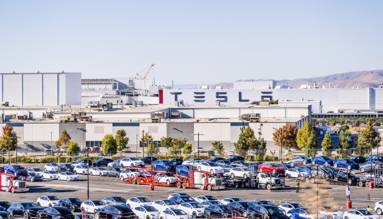 Aerial view of Tesla factory located in Fremont, California.