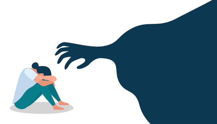 vector illustration, a woman cowering in fear with a hand silhouette, as a banner or poster, International Day for the Elimination of Violence against women.