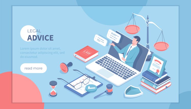 Legal Advice and Aid. Online services. A professional lawyer gives consultation through a laptop. Law and justice concept. Isometric vector illustration for poster, presentation, banner, website.