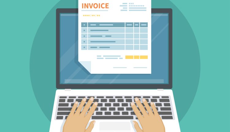 Online payment service. Invoice form on the laptop screen. Man hands on the keyboard. Internet banking concept. Online paying, bookkeeping, accounting. Vector illustration isolated.