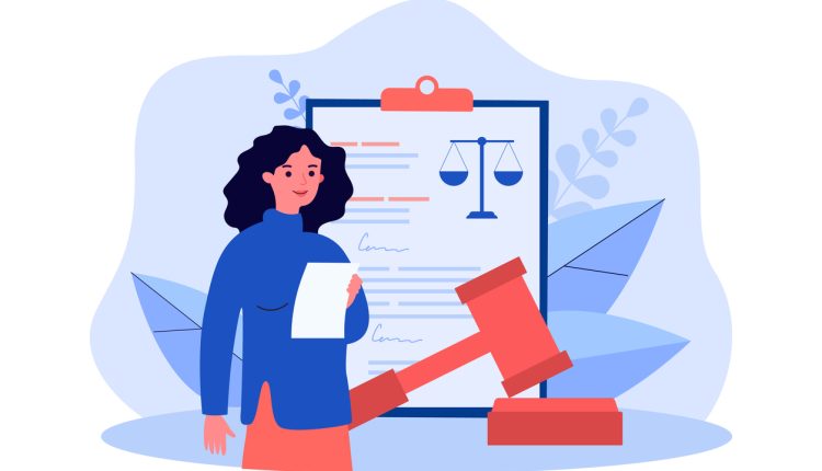 Lawyer working on judicial contract. Tiny woman standing with judges gavel and legal document flat vector illustration. Legislation, law concept for banner, website design or landing web page