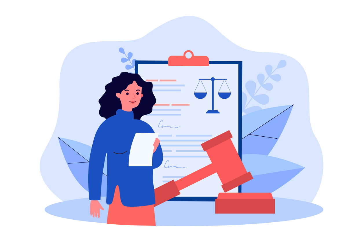 Lawyer working on judicial contract. Tiny woman standing with judges gavel and legal document flat vector illustration. Legislation, law concept for banner, website design or landing web page