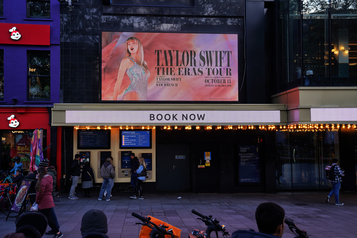 ODEON Cinema, West End Of London, England, UK, Great Britain - October 15th, 2023: Taylor Swift: The Eras Tour, ODEON Luxe Cinema, Leicester Square, London, UK... ODEON Luxe Cinema in Leicester Square, London, UK, presents Taylor Swift: The Eras Tour concert movie. This highly anticipated concert event contains chart-topping hits and mesmerizing performances by the renowned artist, Taylor Swift..