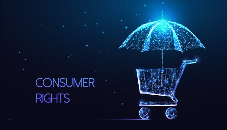 Consumer rights concept with shopping card and protective umbrella in futuristic glowing low polygonal style on dark blue background. Modern abstract connection design vector illustration.