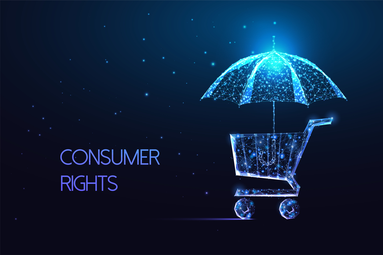 Consumer rights concept with shopping card and protective umbrella in futuristic glowing low polygonal style on dark blue background. Modern abstract connection design vector illustration.