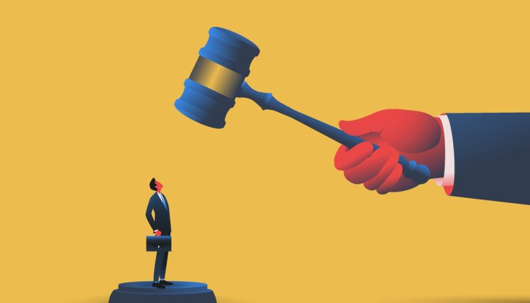 Judge hiiting tiny man by gavel. Bankruptcy, lawsuit, protest concept. Vector illustration.