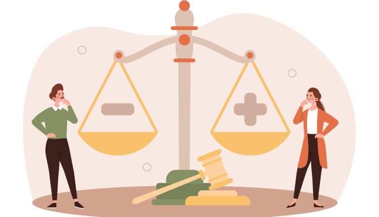 A cartoon image of two figures on opposite sides of legal scales.