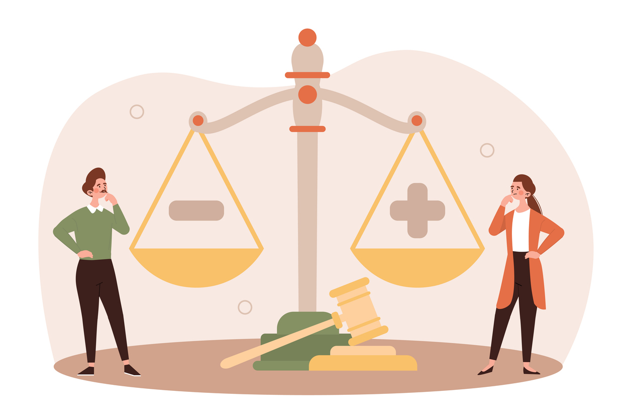 A cartoon image of two figures on opposite sides of legal scales.
