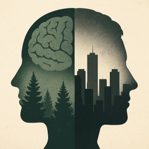 Split human silhouette with a brain on one side and a forest on the other, symbolizing the nature-versus-nurture debate in violent behaviour.