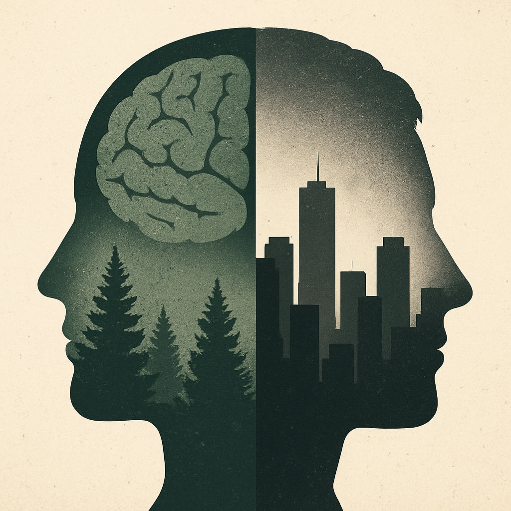 Split human silhouette with a brain on one side and a forest on the other, symbolizing the nature-versus-nurture debate in violent behaviour.