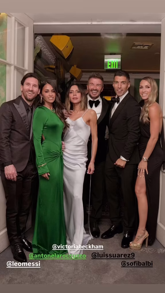 "Stars turned out in style for David Beckham’s 50th birthday, including Lionel Messi, Antonela Roccuzzo, Victoria and David Beckham, Luis Suárez, and Sofia Balbi—pictured together in a standout group shot.