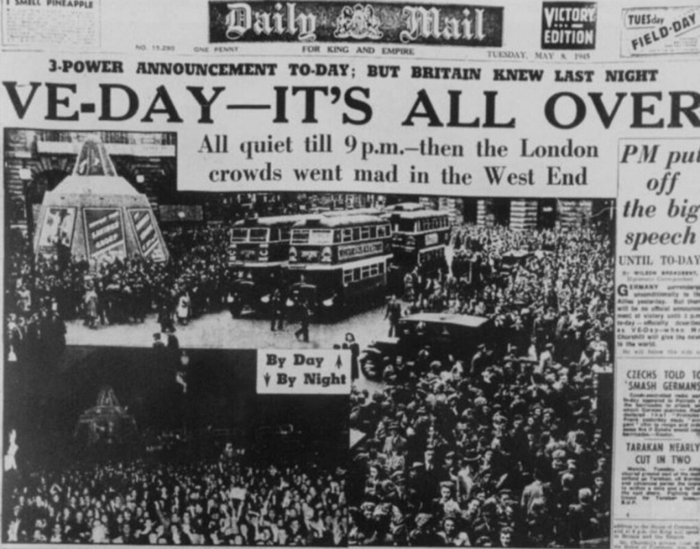 Victory at last: Jubilant Britons celebrate in the streets as the Daily Mail declares 'It’s All Over' on May 8, 1945—marking the end of six long years of war in Europe.