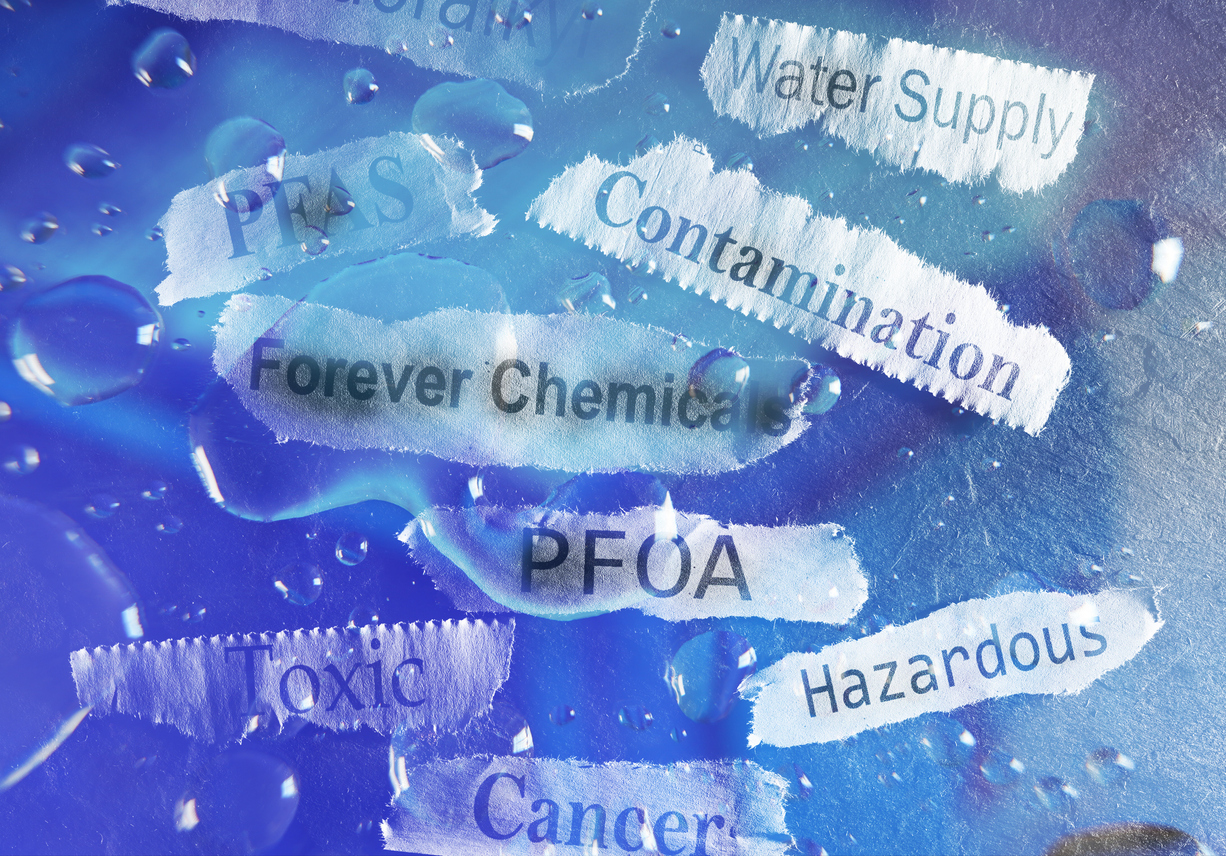 pfas forever chemicals newspaper headlines and water drops