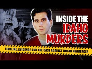 Bryan Kohberger in red prison attire with bold text reading “Inside the Idaho Murders” and crime scene tape highlighting timeline, evidence, and the case against him.