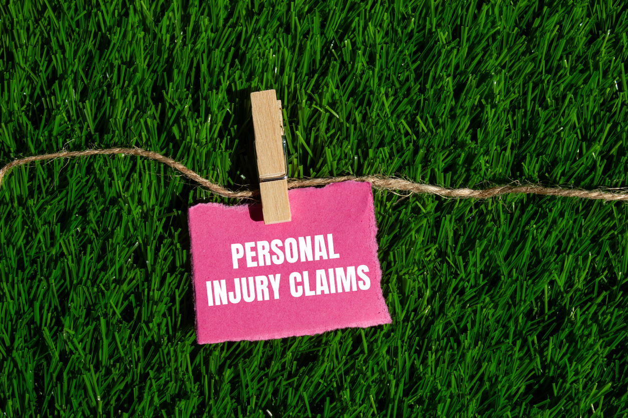 personal injury claims message written on ripped pink torn paper piece with green grass background