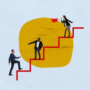 ladder of success. promotion. employees in formal wear going upwards stairs to manager cheering them up in megaphone. contemporary art collage.