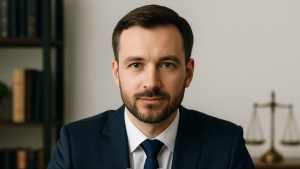 Professional personal injury lawyer in California standing confidently in a modern office.