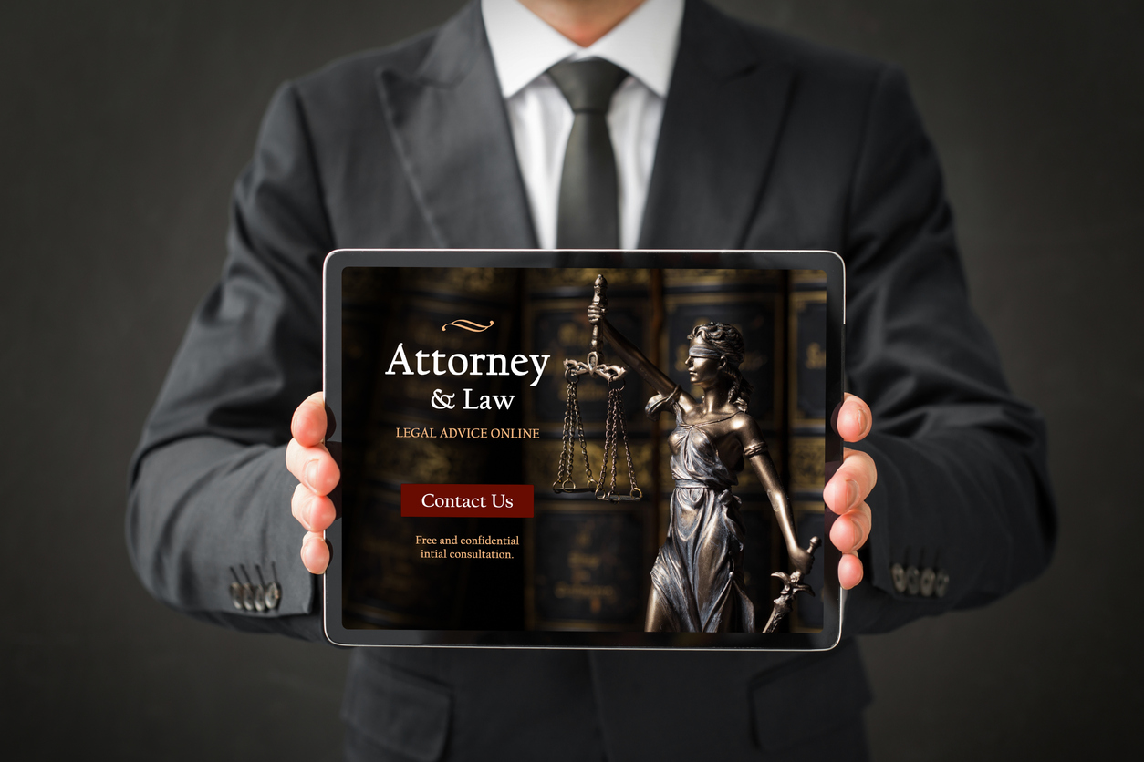 man showing website of attorney on tablet