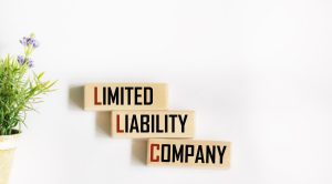 the text of the limited liability company "llc" on a wooden block on a white background