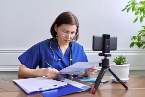 A doctor on a video call with a patient