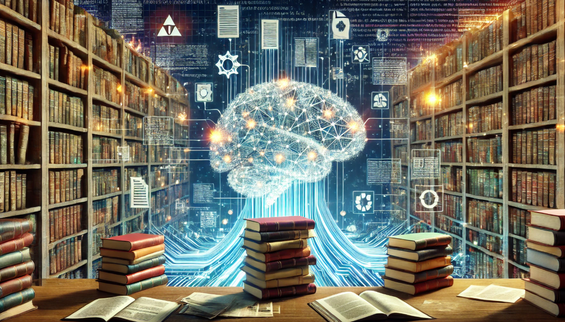 AI neural network made of digital code surrounded by library books, representing the Salesforce copyright lawsuit over AI training data.