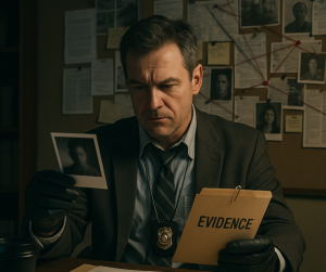 A detective studies an old photograph and an evidence folder in a dimly lit investigation room, with case files and a suspect board on the wall behind him.