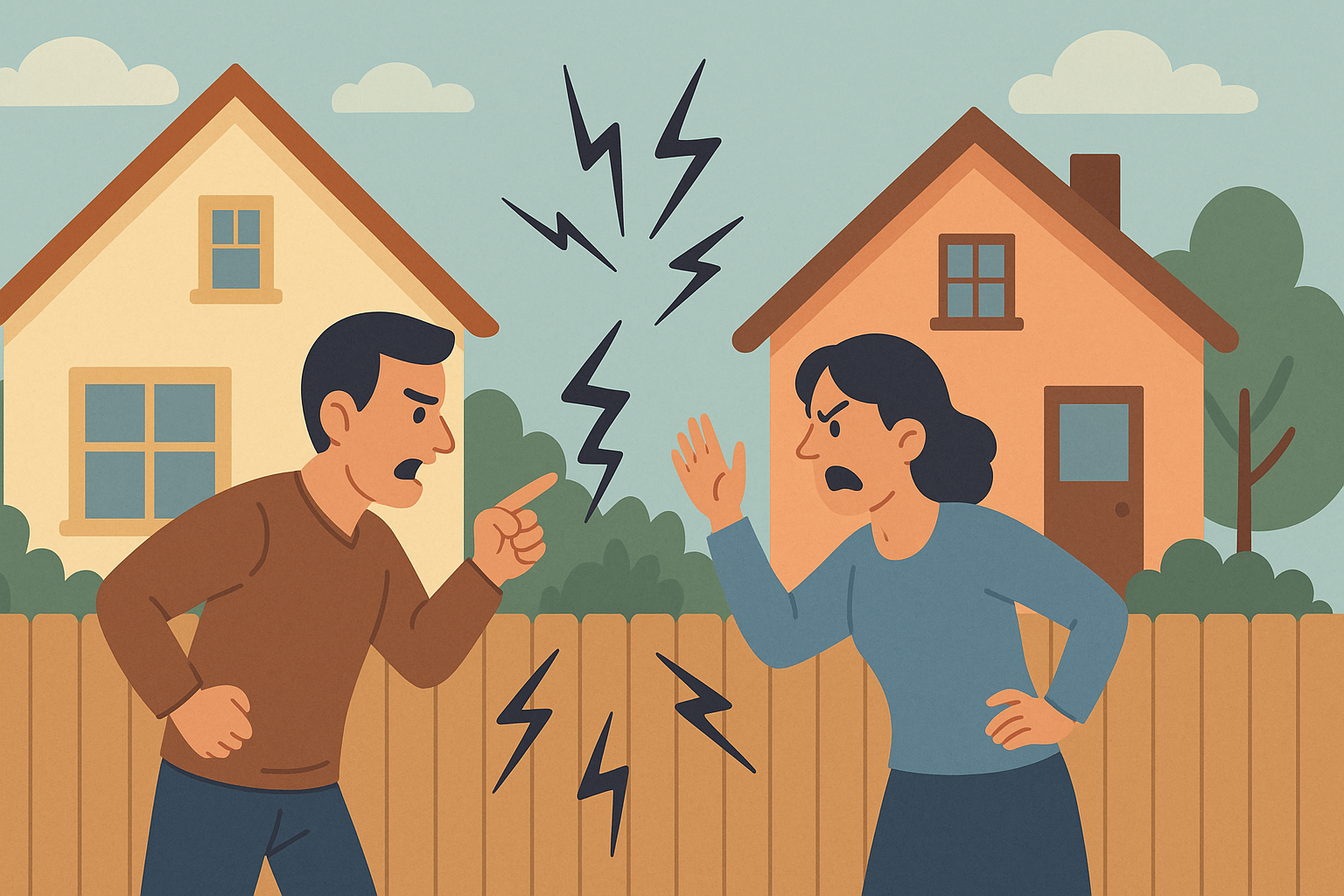 A flat-style illustration of two neighbors standing in front of their separate houses, arguing across a wooden fence with visible tension between them.