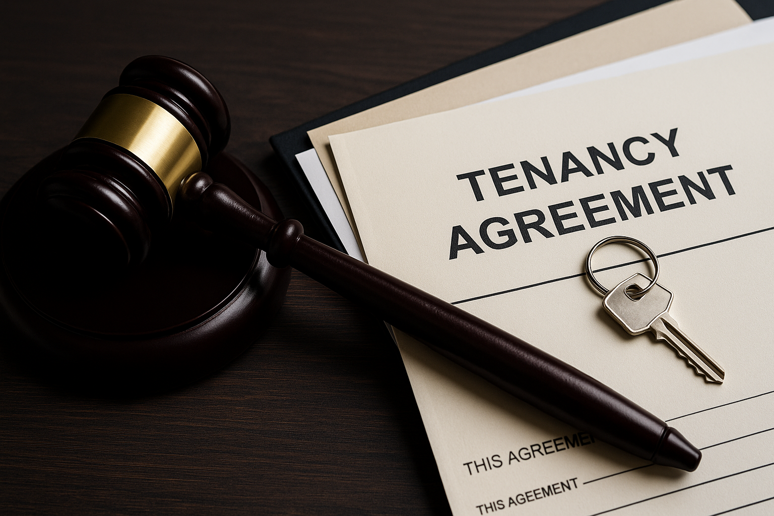 Judge’s gavel resting beside tenancy agreements and a house key on a legal desk, symbolizing rent repayment order litigation in England and Wales.