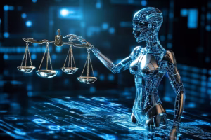 A stylized, futuristic robotic figure, resembling a woman with glowing blue circuitry lines across her body, stands partially submerged in a digital blue landscape. She holds up a traditional golden scale of justice in her metallic left hand. The background is a blurred expanse of blue digital data points and light streaks, suggesting a complex technological environment.