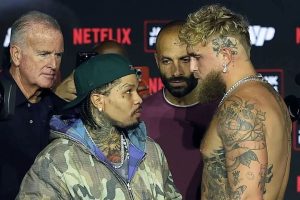 Jake Paul and Gervonta Davis face off at the press event for their November 2025 exhibition fight in Miami.