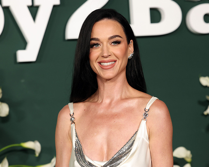Katy Perry smiling on the red carpet at an event, wearing a silver and white gown