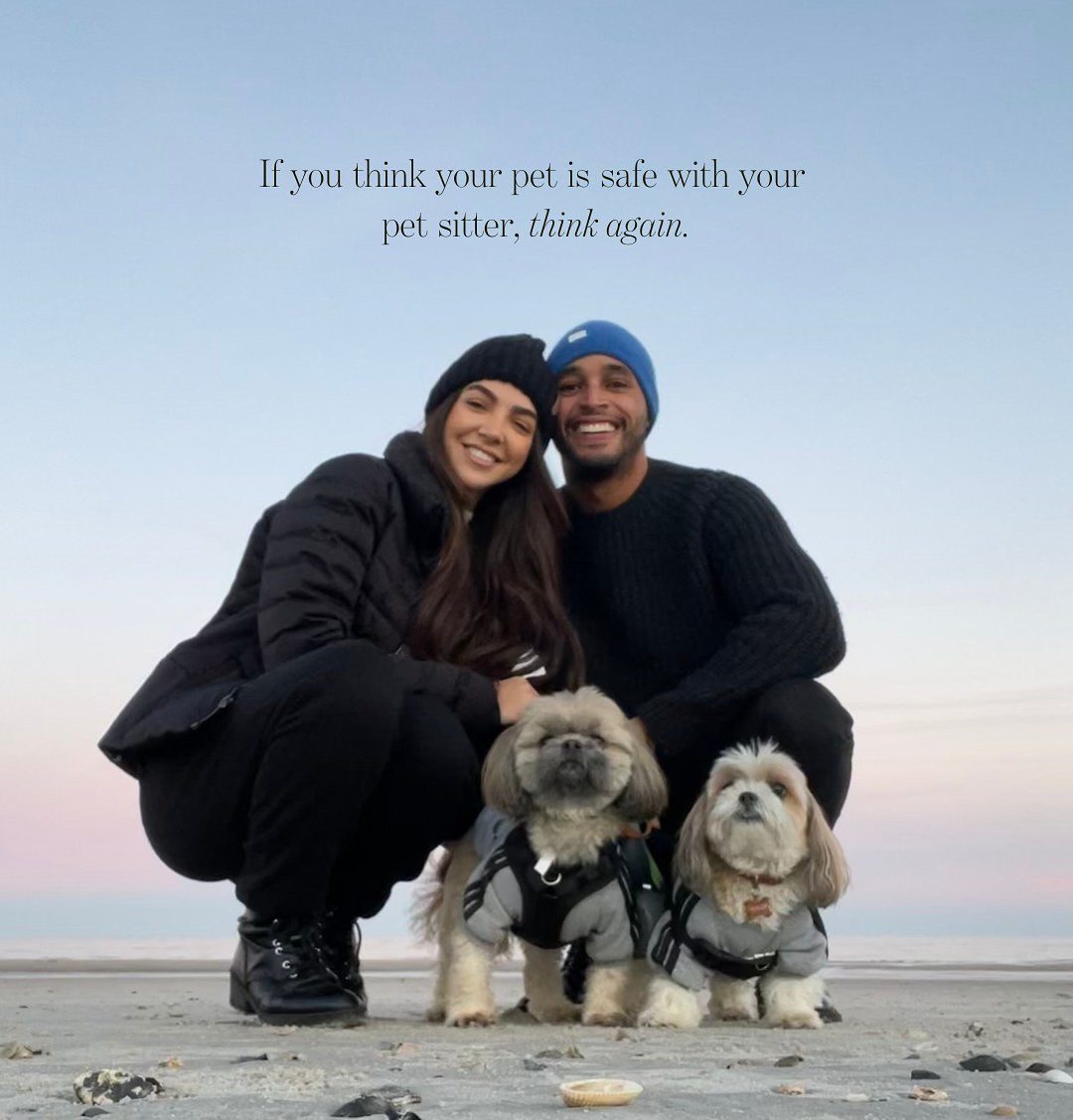 HGTV stars Eilyn and Ray Jimenez smile on the beach with their two Shih Tzus, including their late dog Aria, in a photo captioned “If you think your pet is safe with your pet sitter, think again.”