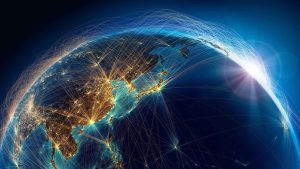 Global network connections visualizing internet data routes across Asia and Europe during worldwide AWS outage.