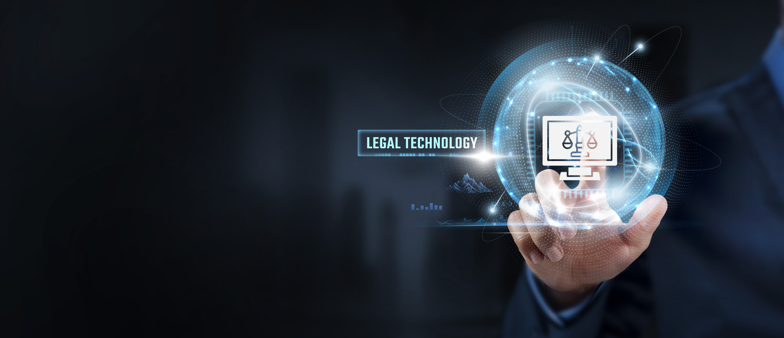legal technology: businessman touching legal technology icon and global network. compliance, efficiency.