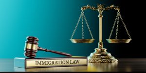 immigration law: judge's gavel as a symbol of legal system, scales of justice and wooden stand with text word