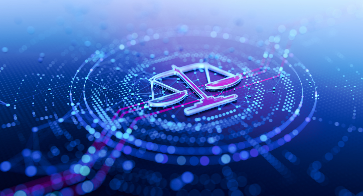 Digital scales of justice over a blue circuit board symbolizing technology and patent law