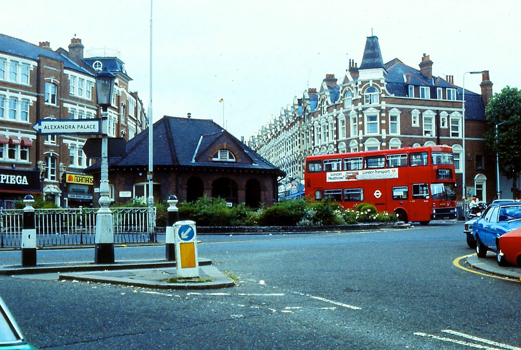 1980s Muswell Hill street scene near Alexandra Palace with London Transport bus and period architecture