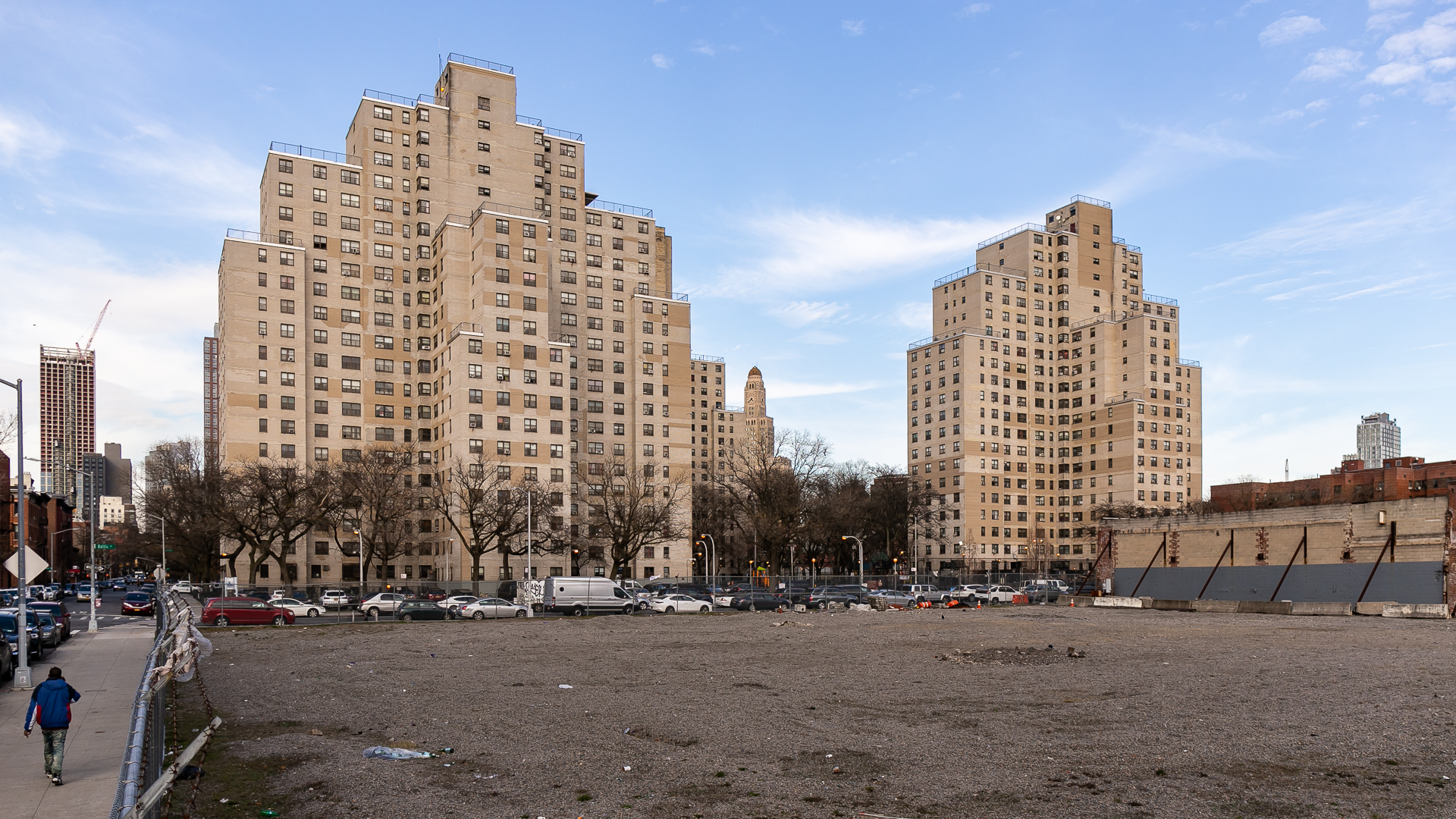 Exterior of a Brooklyn NYCHA apartment building in the Langston Hughes Houses