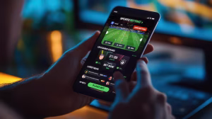 A smartphone displaying a sports betting app with a U.S. flag background, representing online gambling in America.