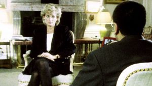 Princess Diana sits opposite journalist Martin Bashir during the 1995 BBC Panorama interview.