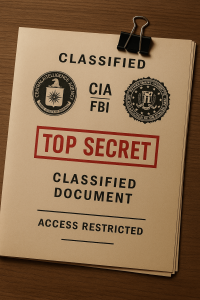 Stack of beige classified folders on a wooden desk, stamped “TOP SECRET” with CIA and FBI insignia and a black binder clip holding the documents.