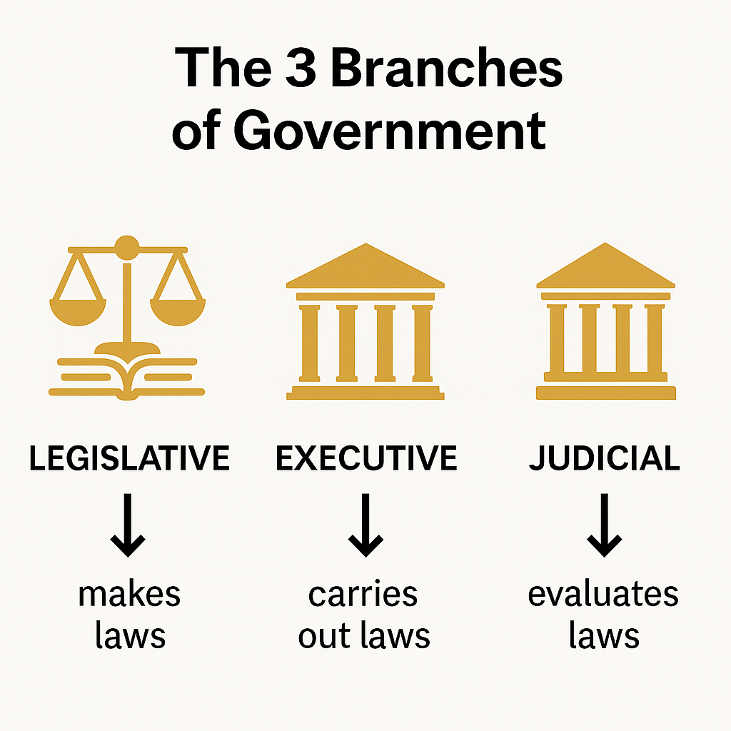 Modern infographic showing the three branches of U.S. government—Legislative makes laws, Executive carries out laws, and Judicial evaluates laws—using gold icons on a clean white background