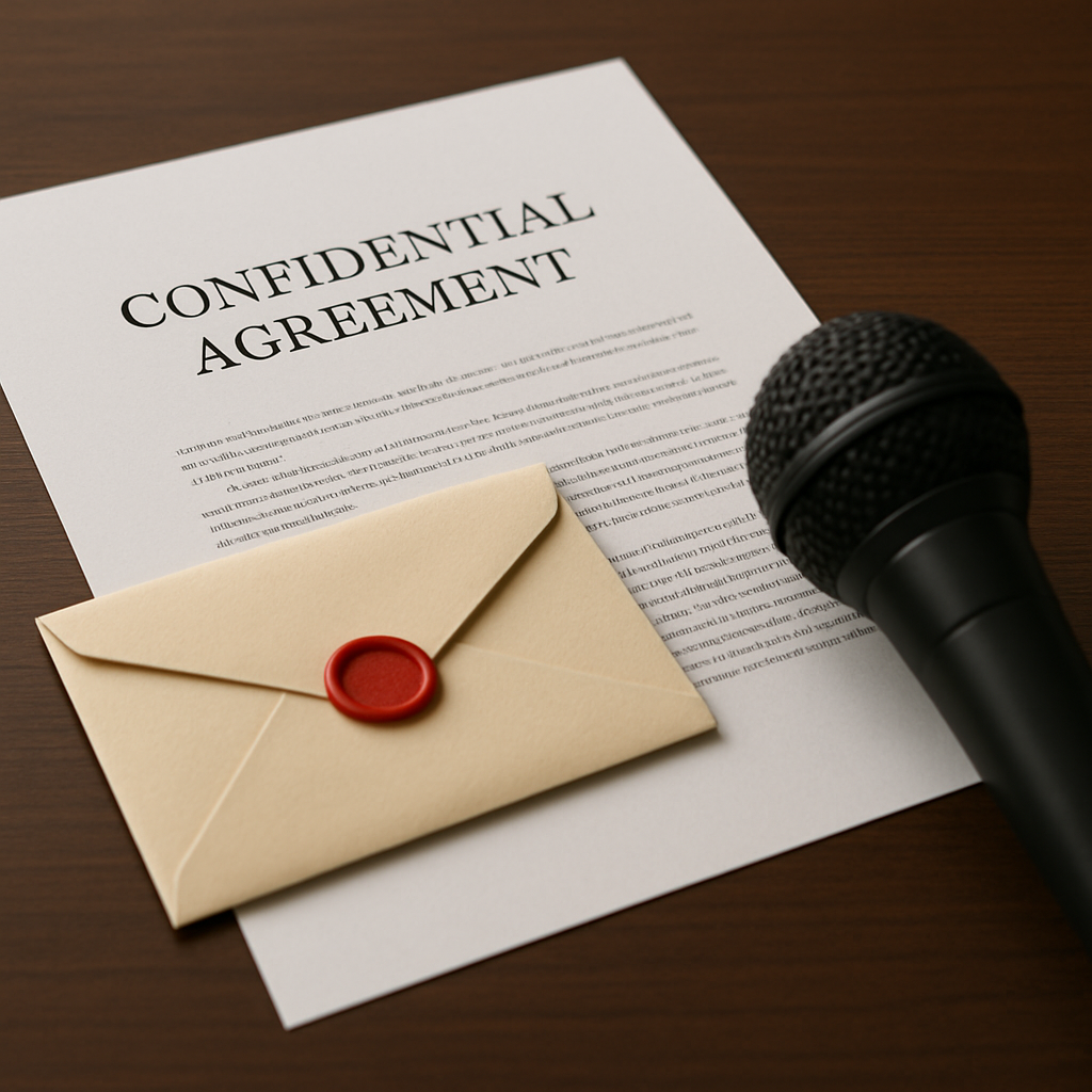 Close-up of a legal document on a desk with a microphone beside it, symbolising the tension between confidentiality and public disclosure