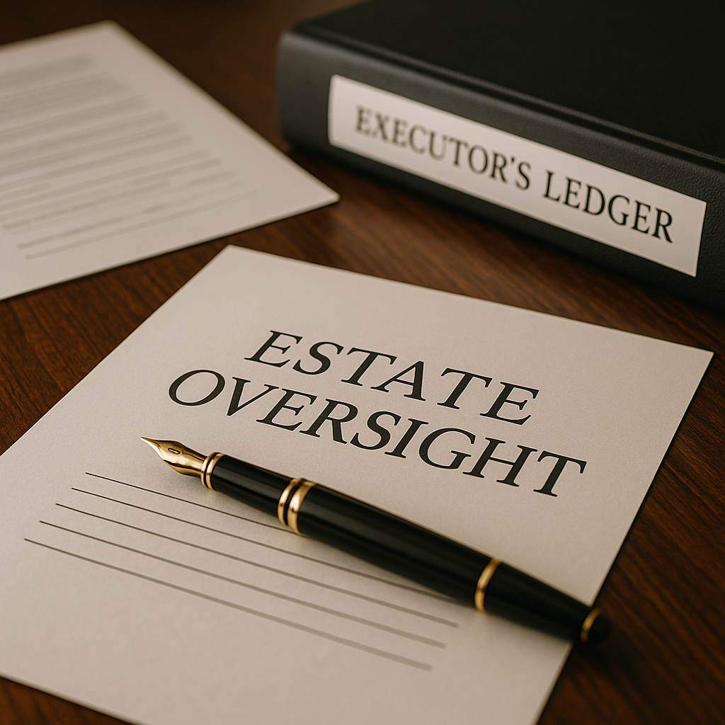 Estate planning materials on a wooden desk, including a legal document, executor’s ledger, and fountain pen in natural light.